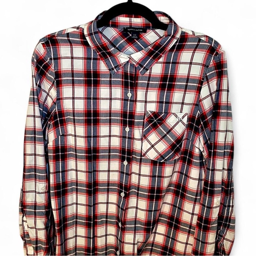 Tommy Hilfiger Women's Adjustable Long Sleeve Plaid Flannel Shirt, size L Preppy